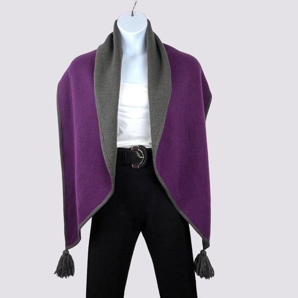Nordstrom Accessories - Nordstrom Vintage Wool Blend Wrap Eggplant Purple Dark Gray 80" Pom Tassels EUC